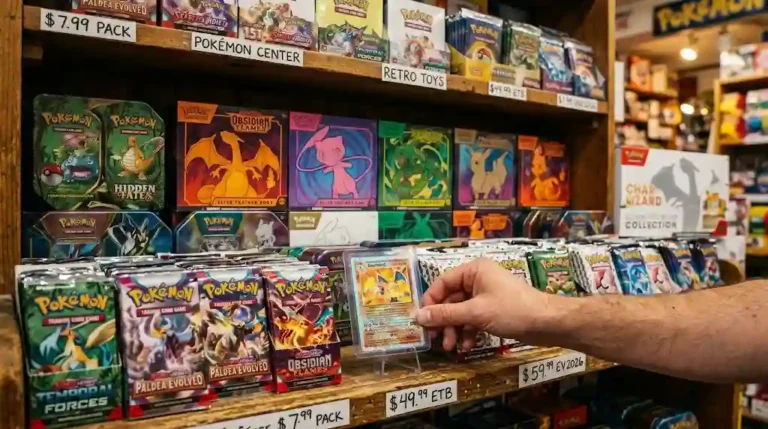 Collector picking up a rare holographic Charizard Pokemon card from a stocked retro toy store shelf with booster packs and Elite Trainer Boxes.