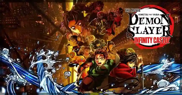 Demon Slayer Kimetsu no Yaiba Infinity Castle movie landscape banner featuring Tanjiro and the Demon Slayer Corps