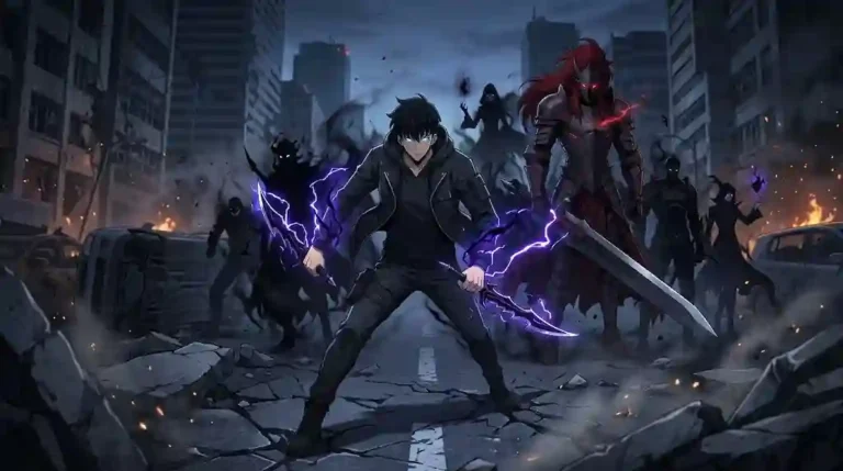 Sung Jinwoo standing in a shattered city street holding glowing purple daggers with Igris and shadow soldiers emerging behind him in Solo Leveling.