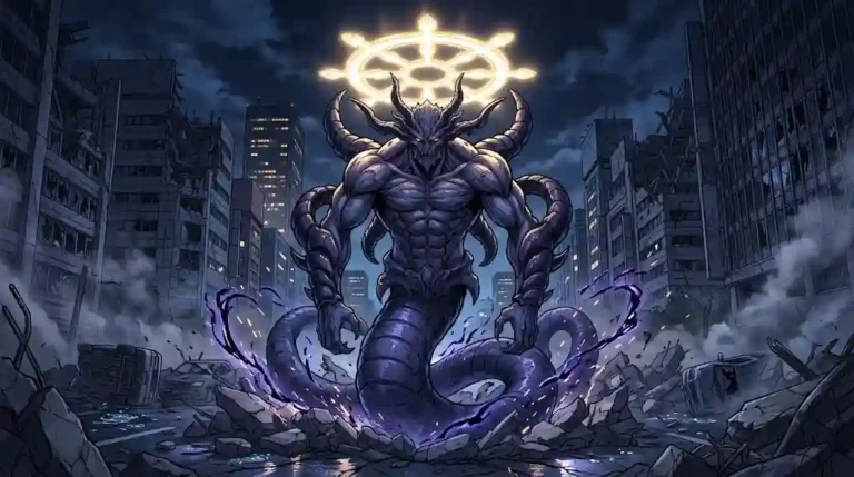 Cinematic anime illustration of Eight-Handled Sword Divergent Sila Divine General Mahoraga standing in the destroyed streets of Shibuya at night with a glowing golden wheel above its head.